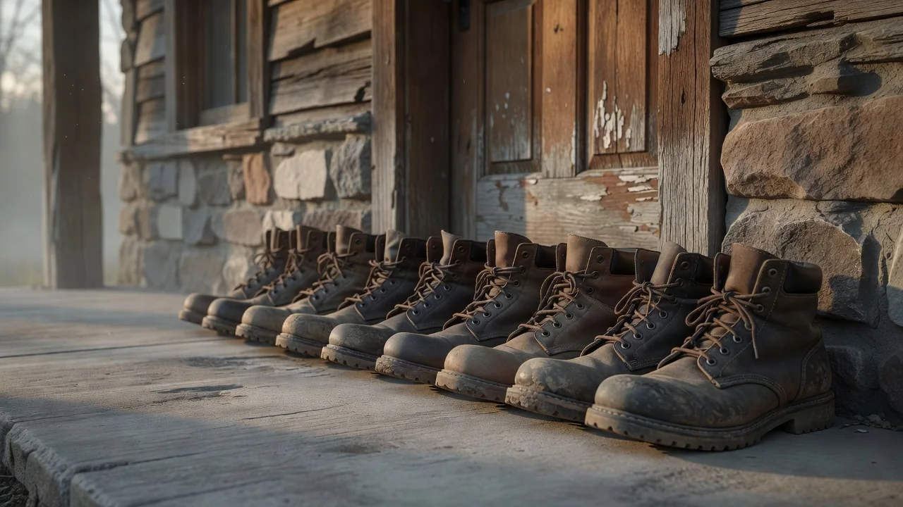 Work boots lined up by the front door of a house at sunrise