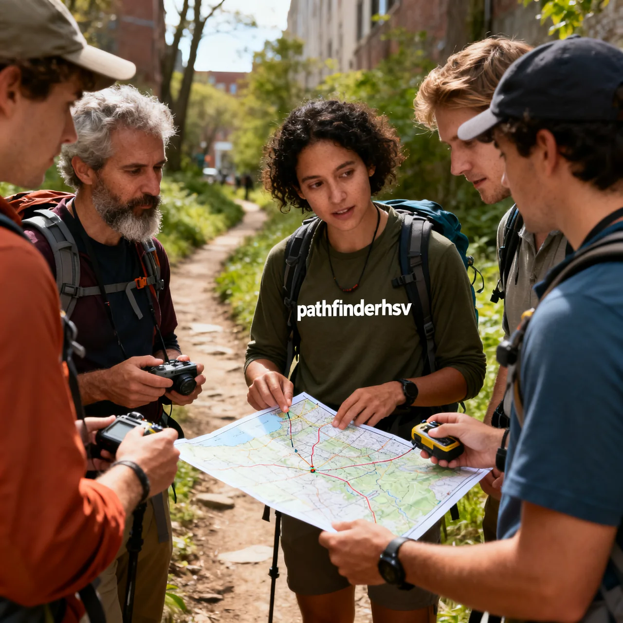 Travelers with a map on a wooded trail