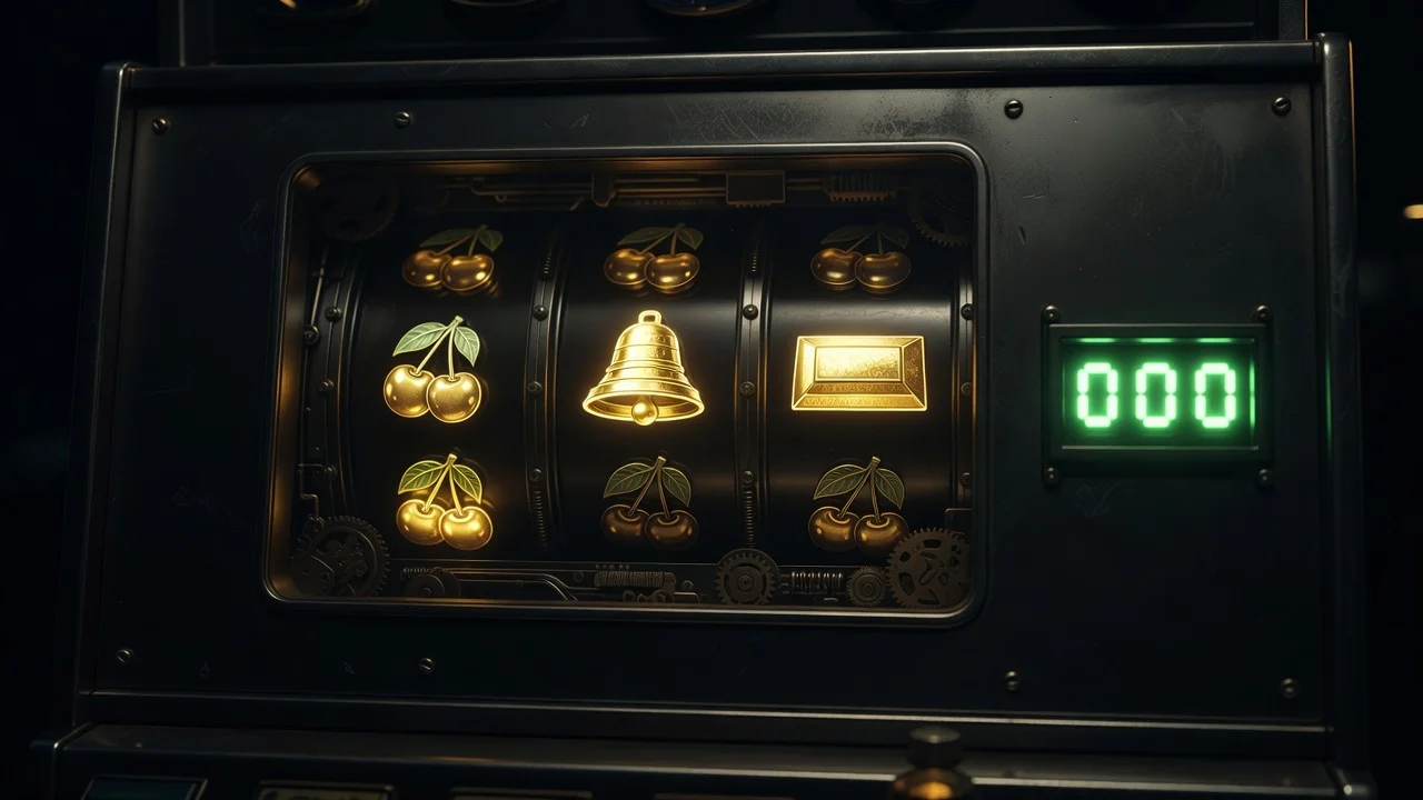 Slot reels with a free-spins counter on a dark screen