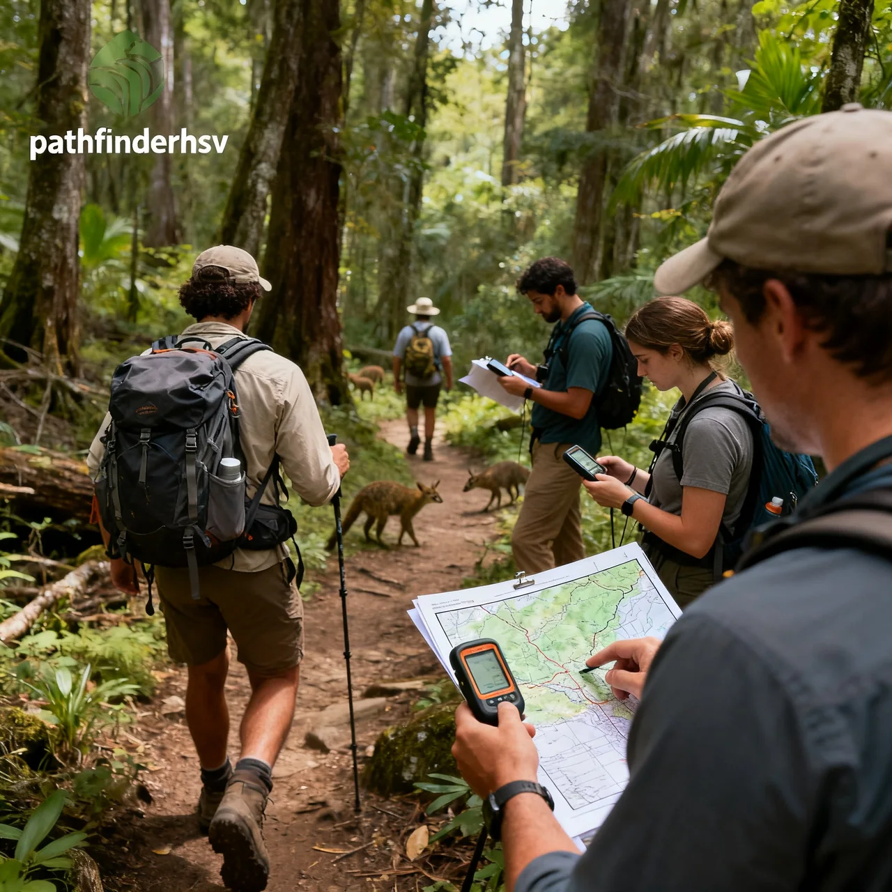 Hikers checking a map and compass in the forest