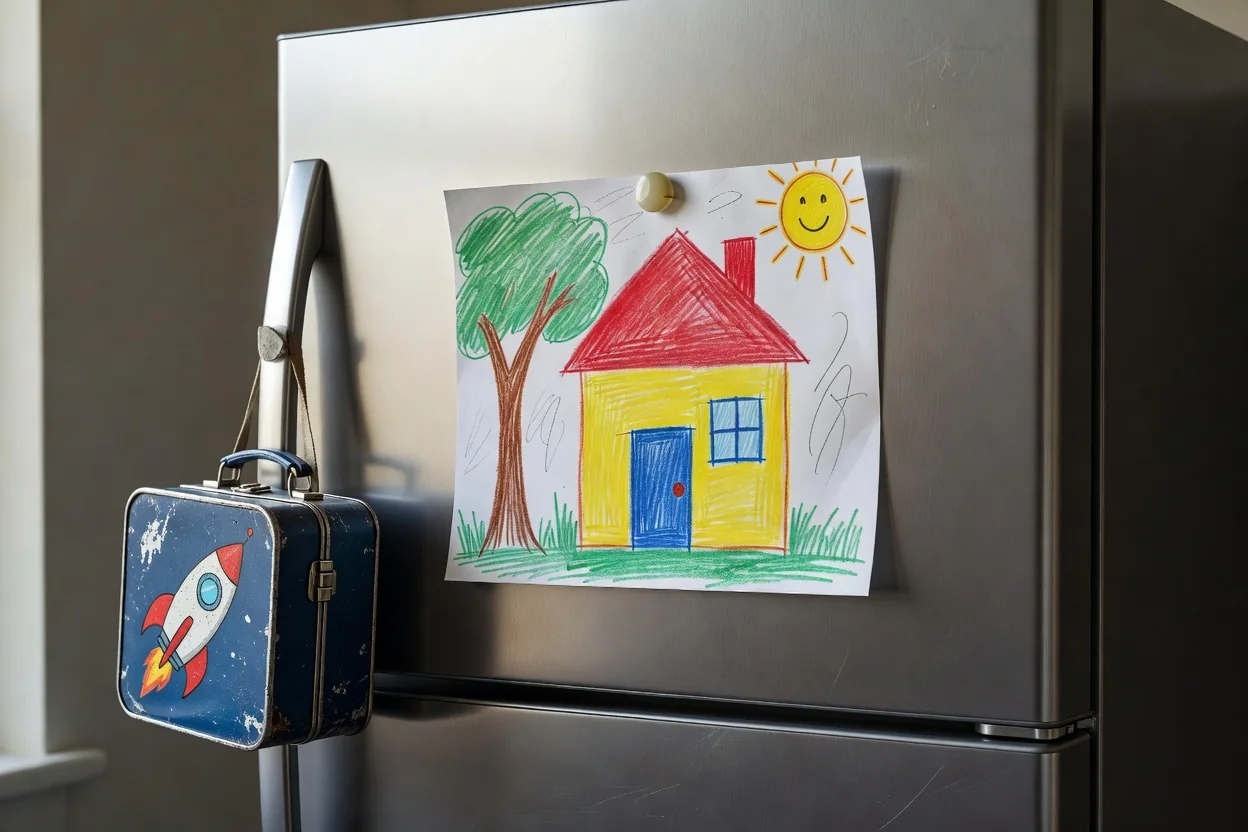 A child's drawing pinned to a refrigerator beside a school lunchbox