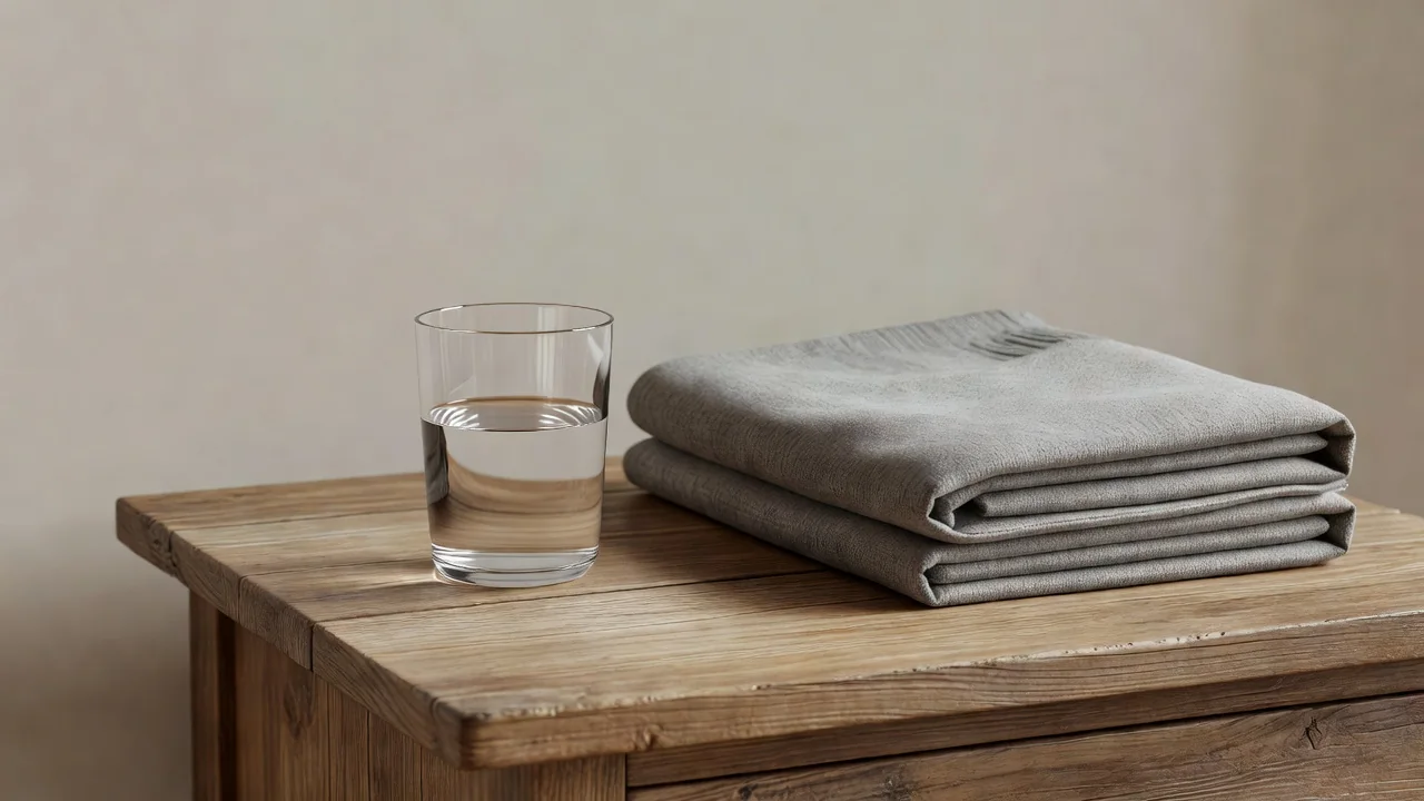A glass of water and a folded blanket on a bedside table in soft morning light