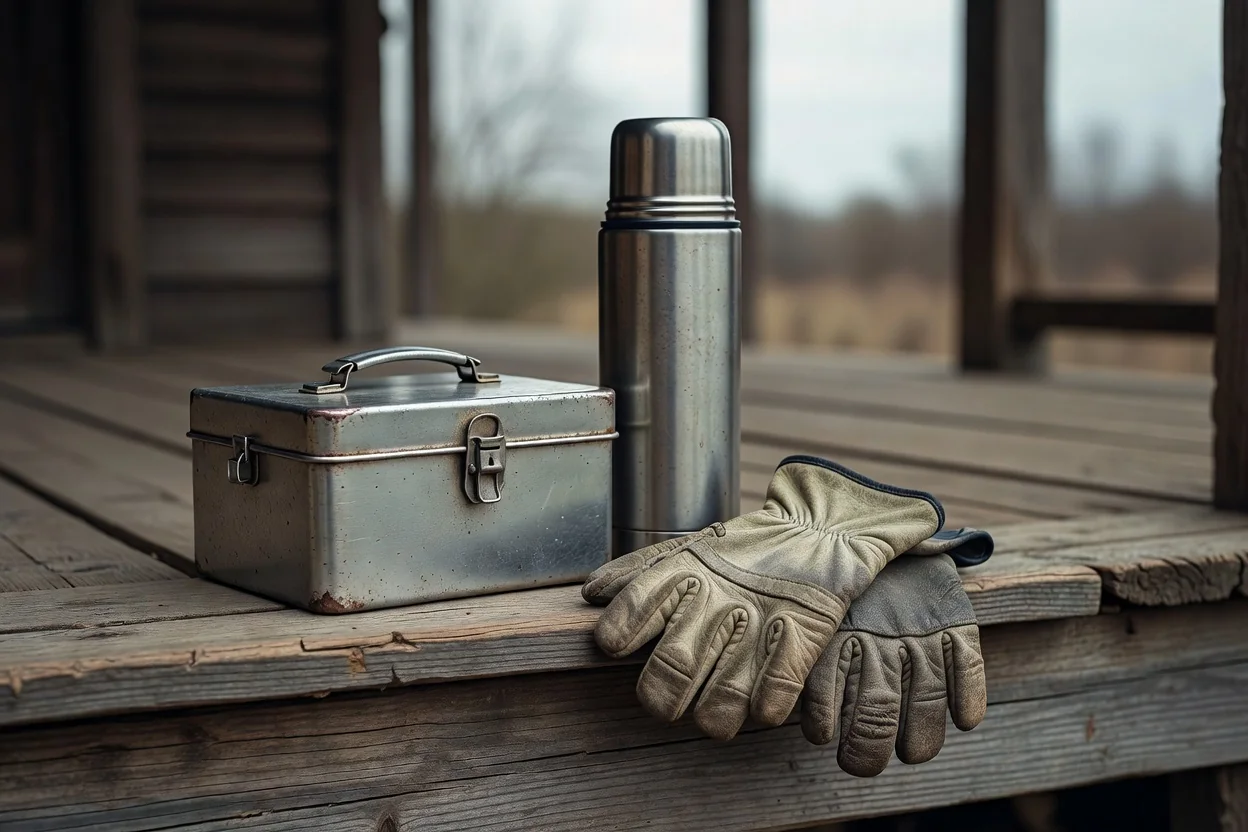 A lunchbox, thermos, and work gloves resting on a porch rail