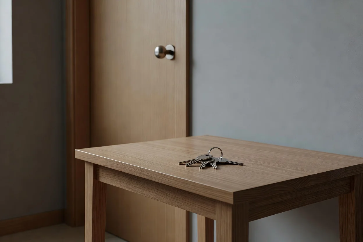 A set of house keys on an empty hallway table beside a closed door
