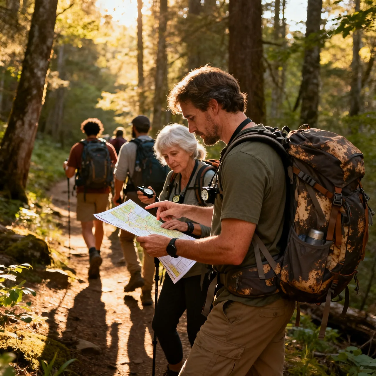 A family group studying a trail map together in the forest