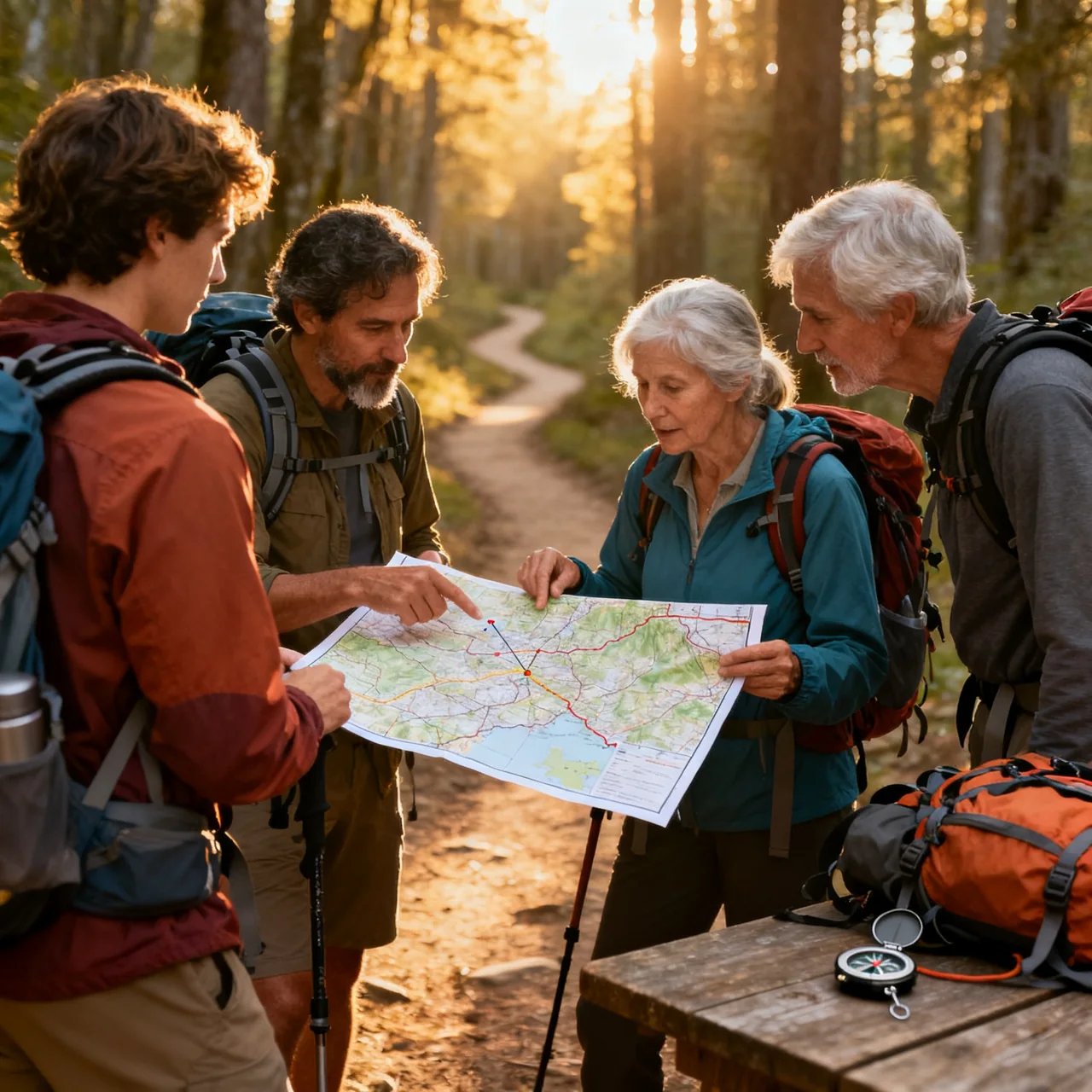 People walking together along a shaded forest path