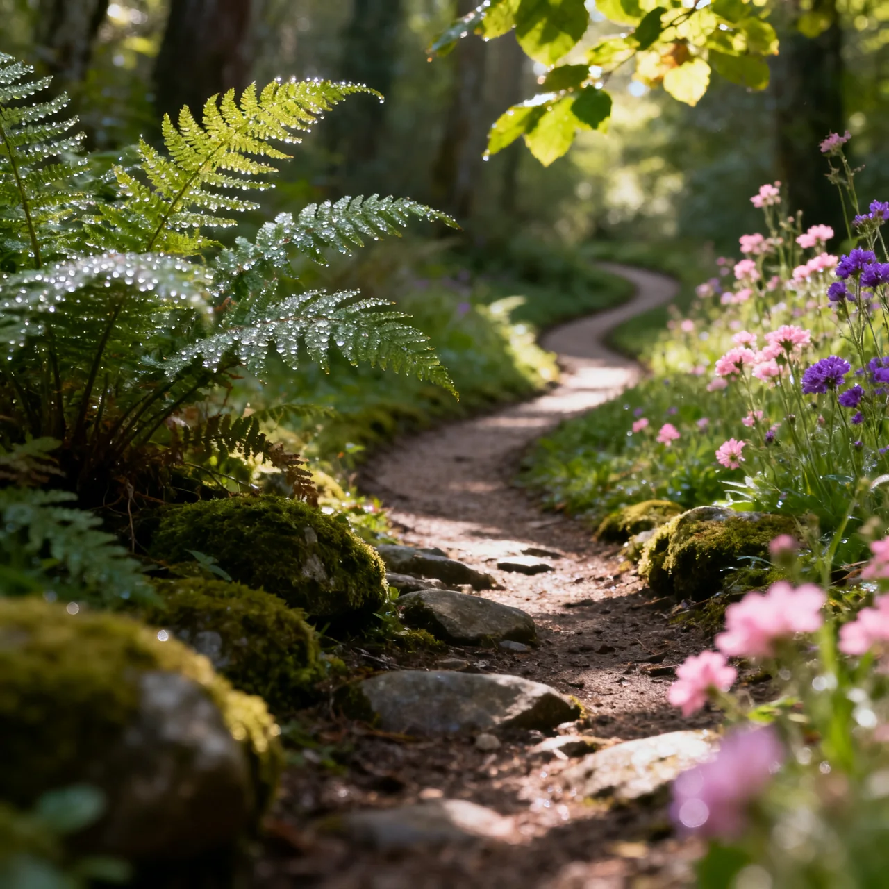 Sunlight falling on a forest path lined with ferns