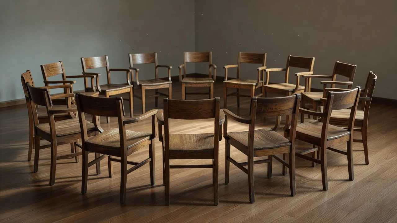 A circle of empty wooden chairs arranged in a quiet meeting room