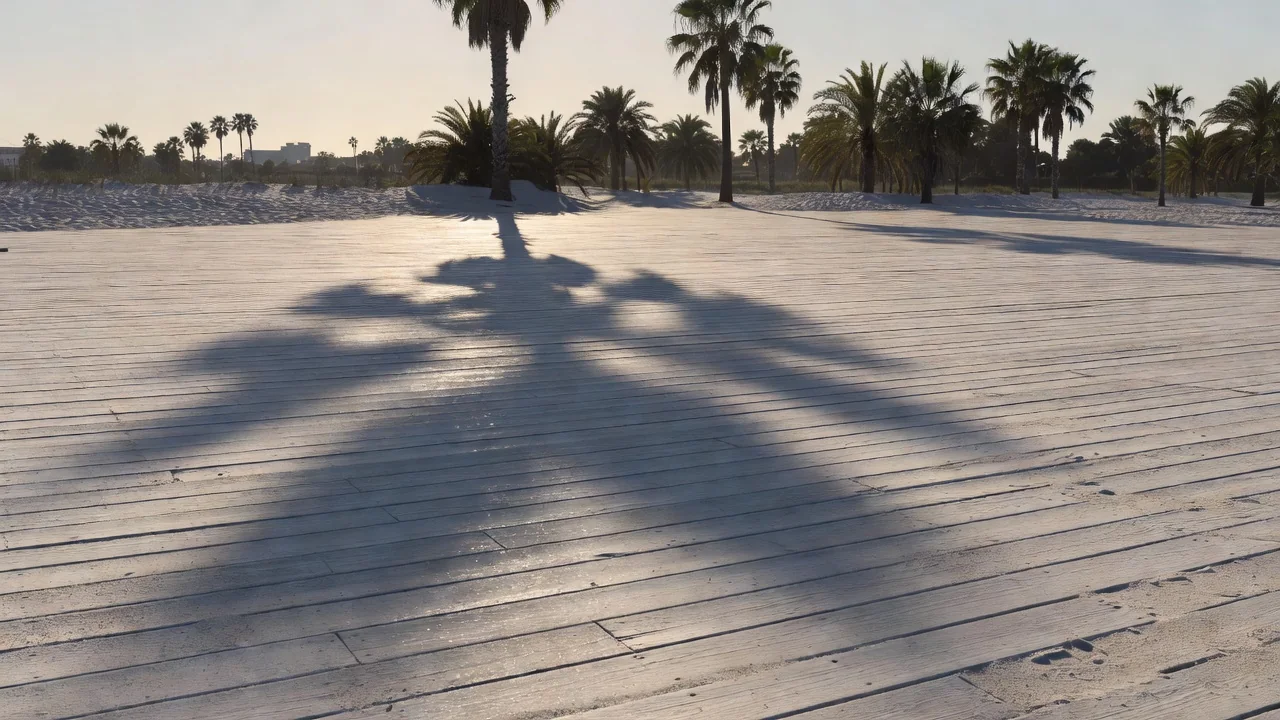 Palm shadows falling across a quiet beachside boardwalk in early morning