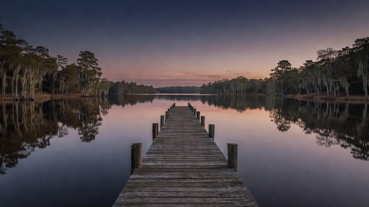 A wooden dock stretching over still water at a Georgia lake at dusk