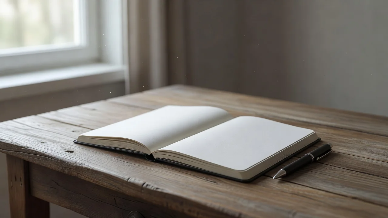 An open notebook and pen resting on a wooden desk beside a window