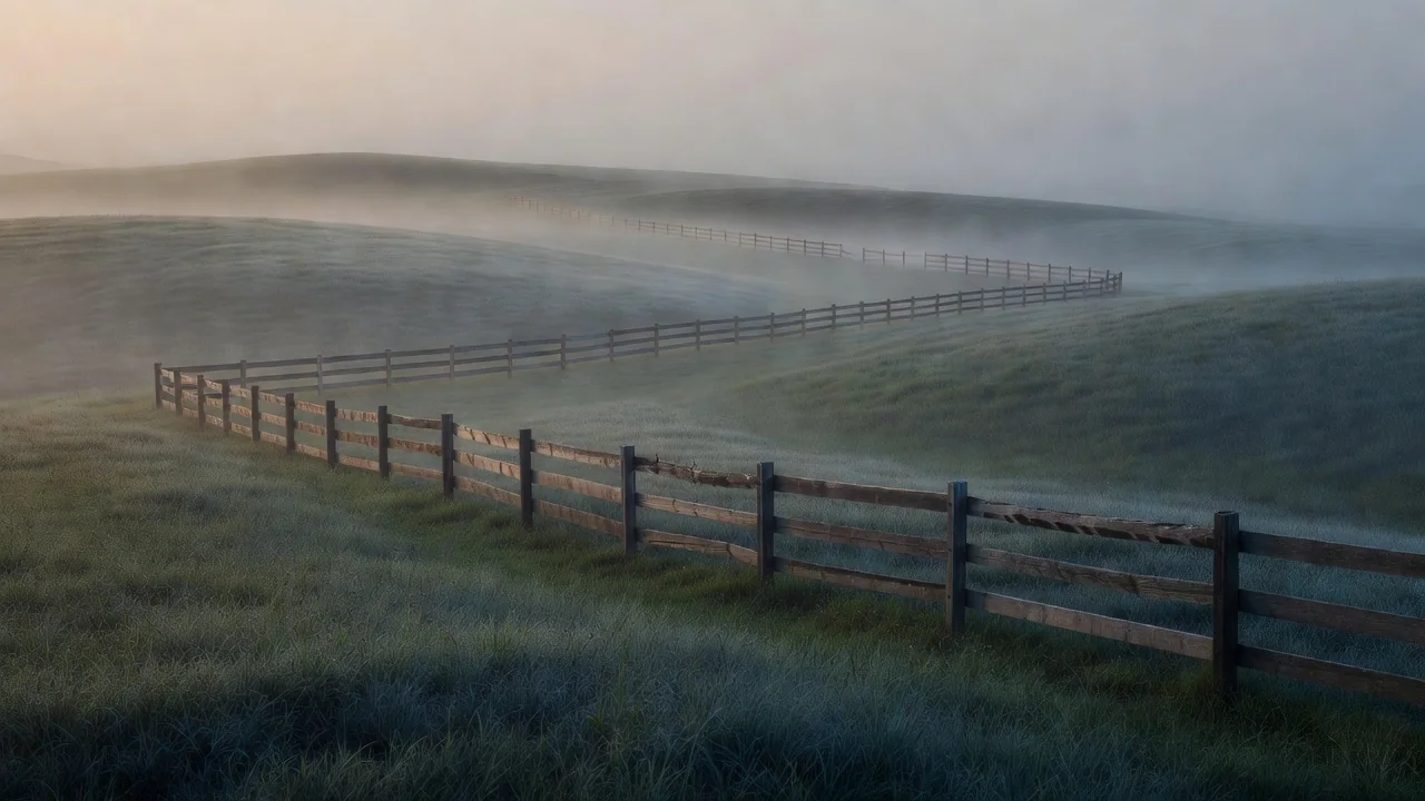 Morning fog settling over rolling bluegrass pasture with a wooden fence line