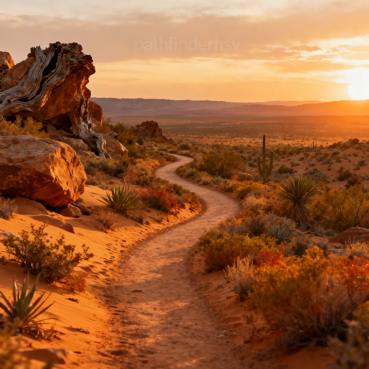 A path winding through open landscape at sunset