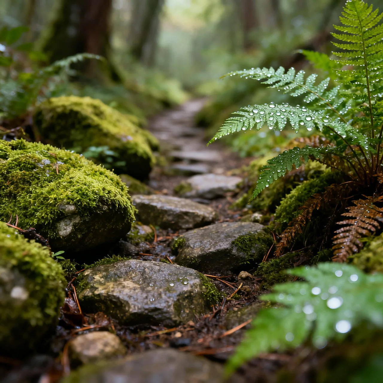Close-up of moss and ferns growing on forest rocks