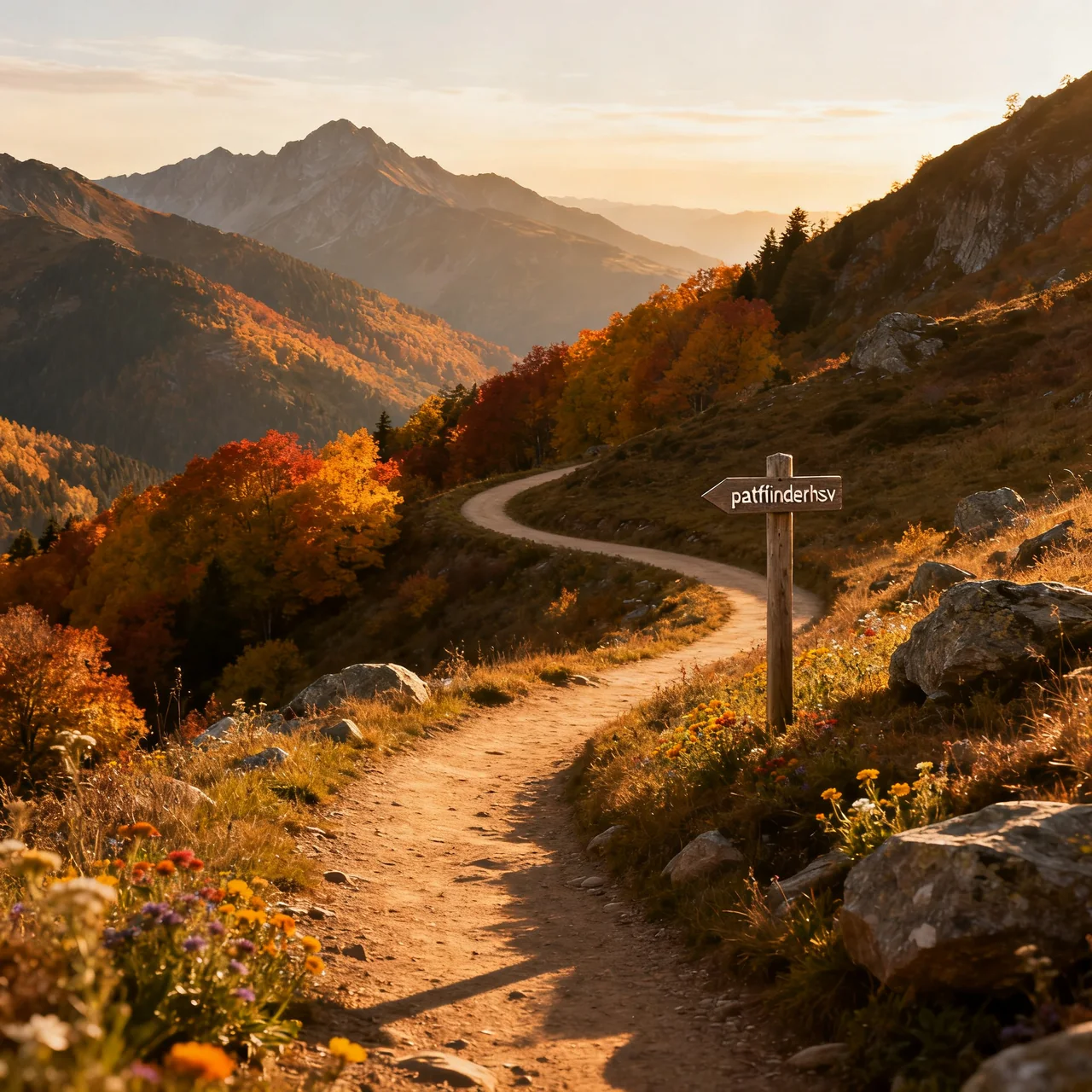 A winding path through autumn-colored trees