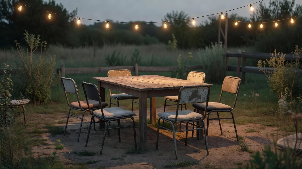 String lights glowing over a small backyard gathering table at dusk