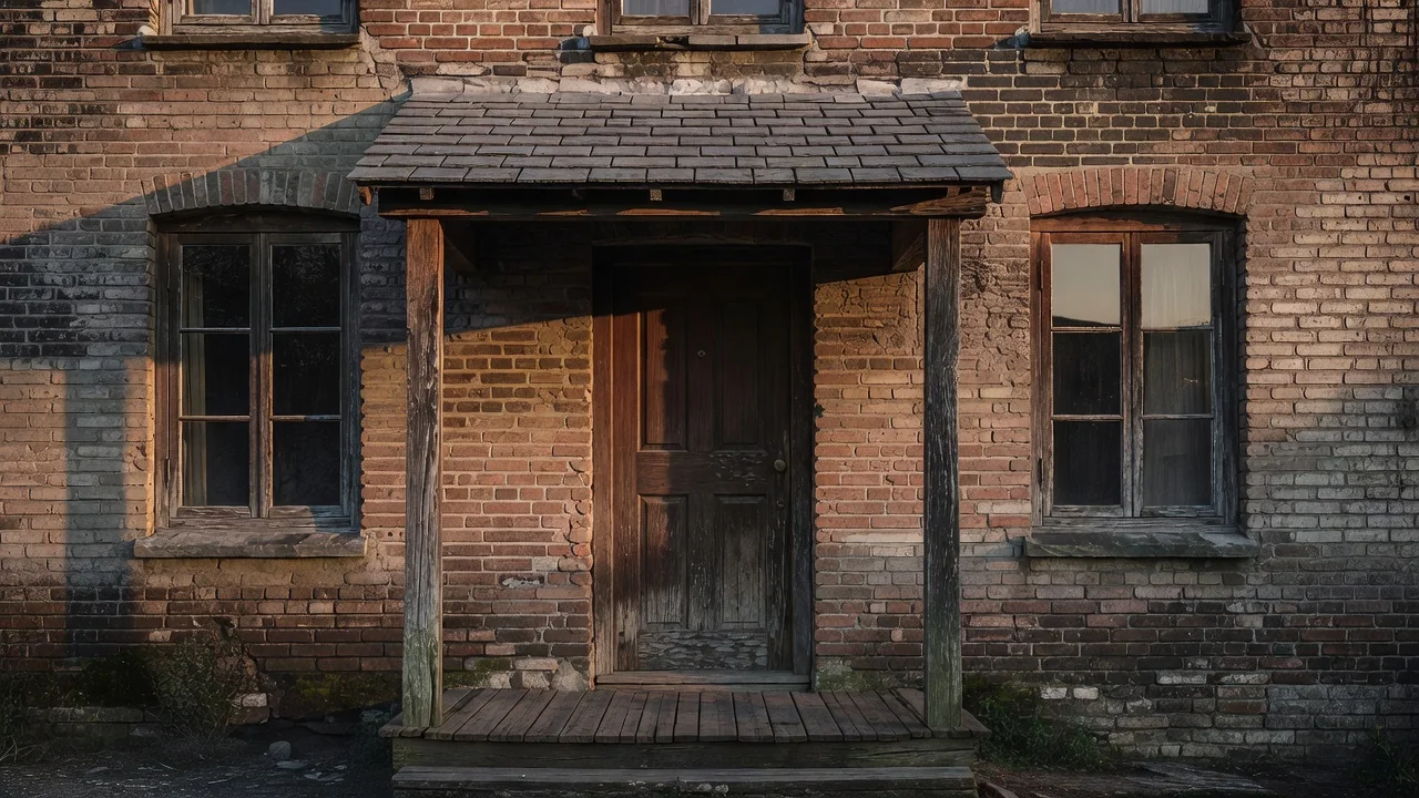 A weathered brick building front with a porch in warm late-afternoon light