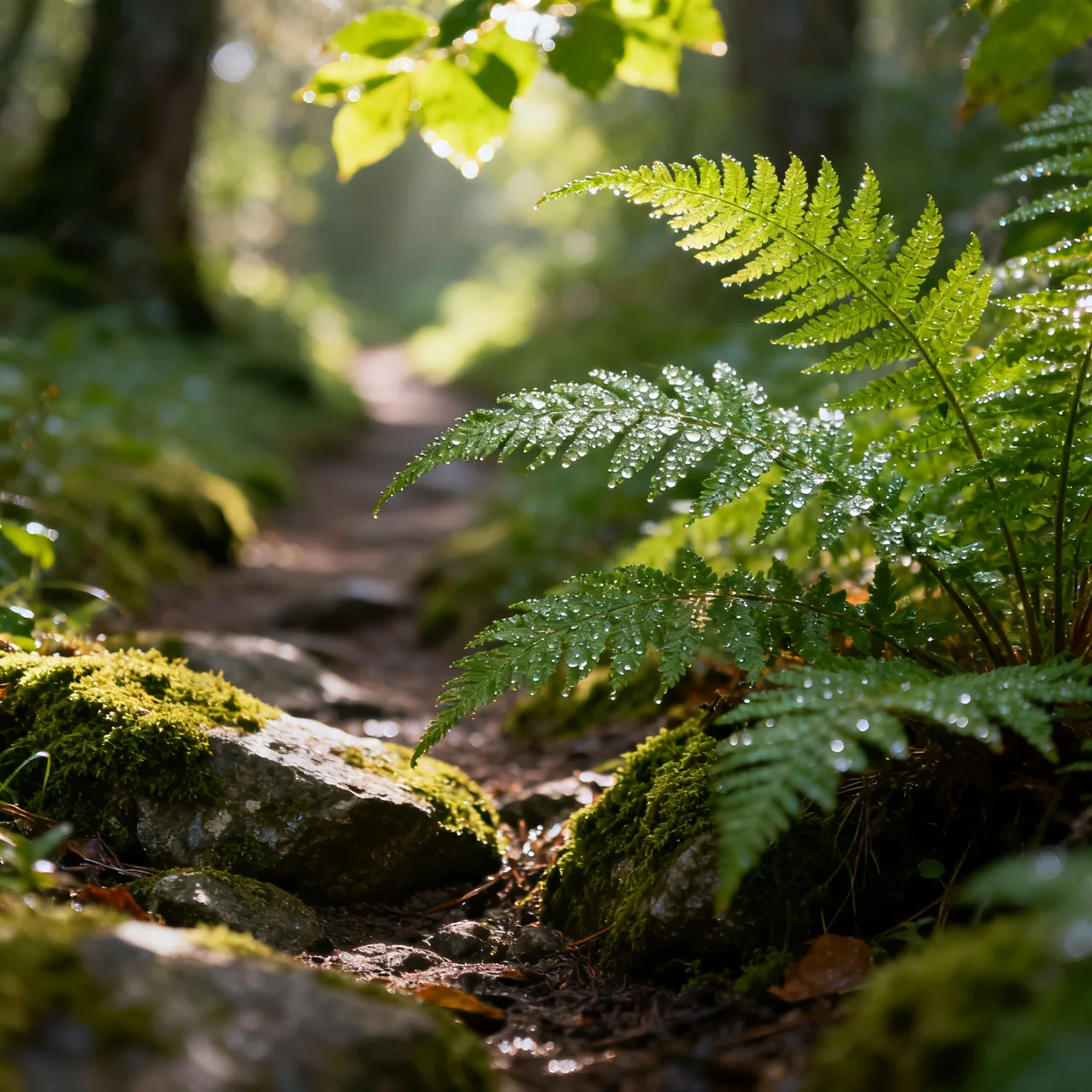 Green ferns growing on a mossy rock in soft light