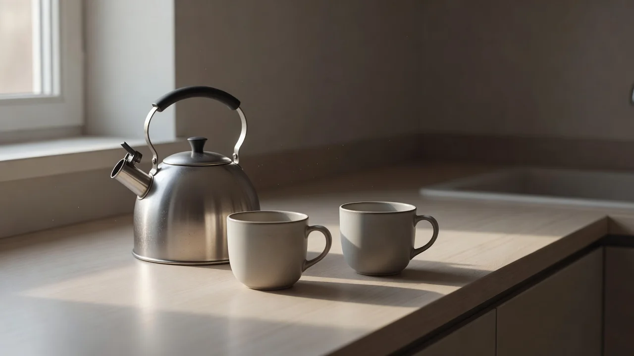 A kettle and two cups on a quiet kitchen counter in early light