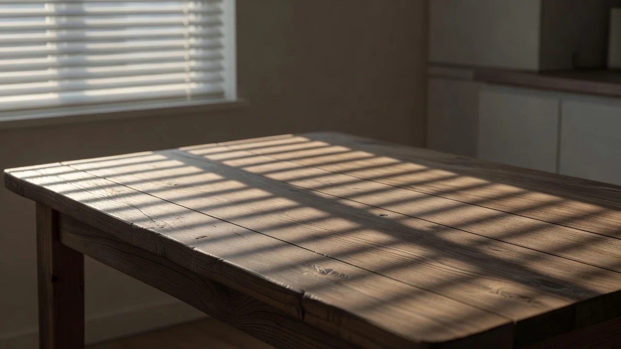 Early morning light falling through window blinds across a kitchen table