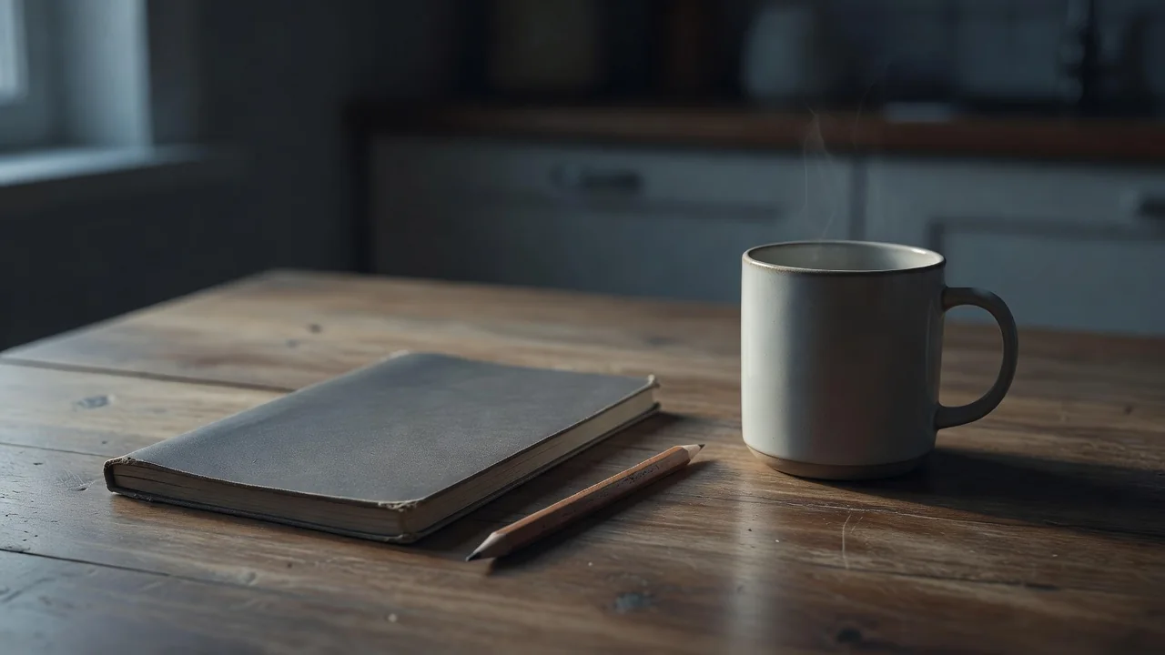 A notepad, a pencil, and a ceramic mug resting on a kitchen table at dawn