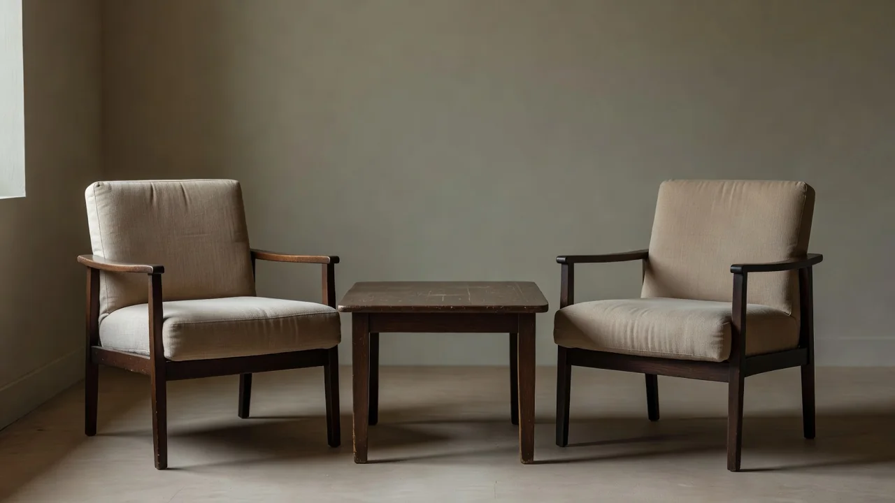 Two chairs facing each other across a small table with a notebook in a quiet room
