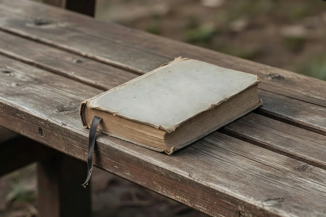 A worn paperback book with a ribbon bookmark lying on a wooden bench